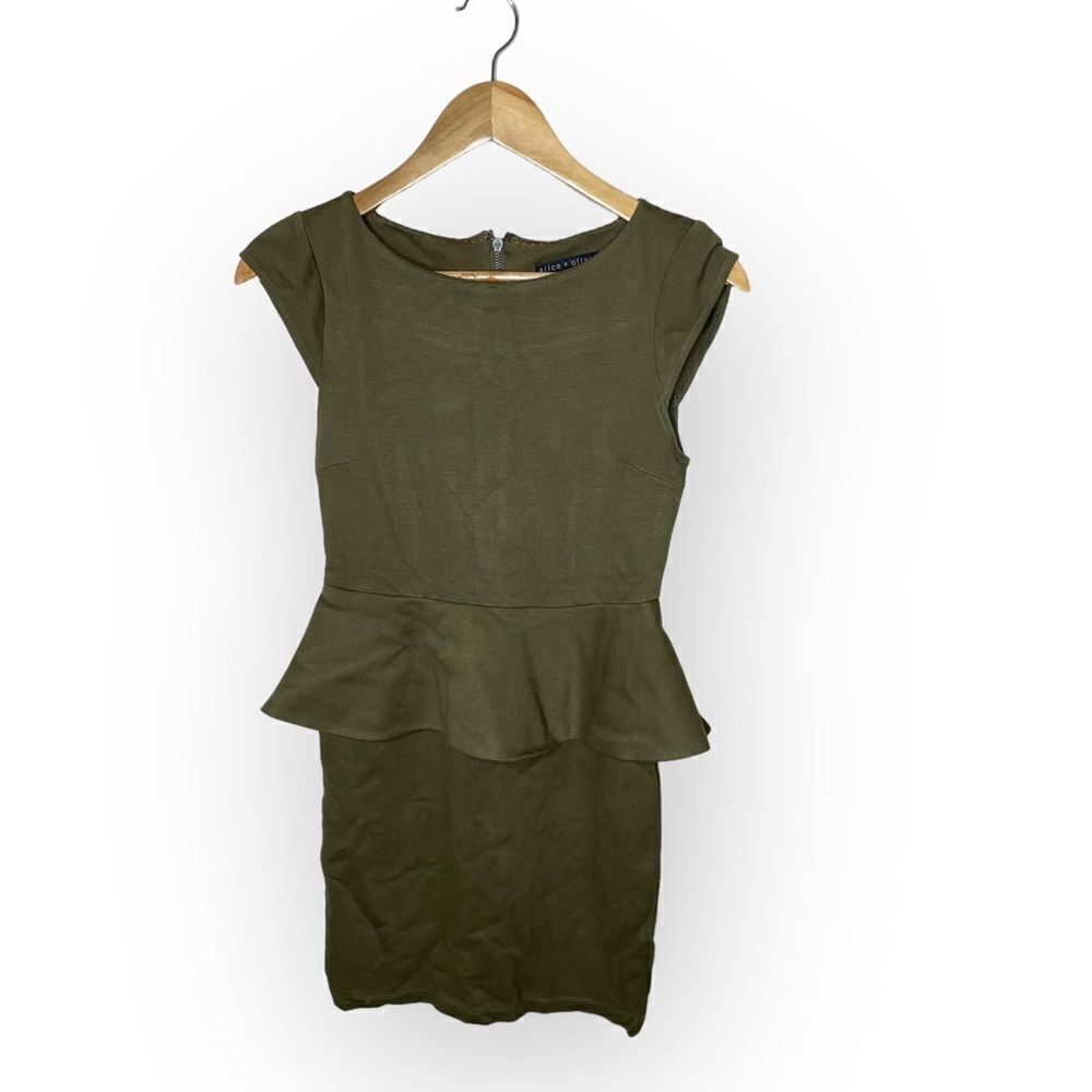 Alice + Olivia scoop neck peplum dress in army green Size 4